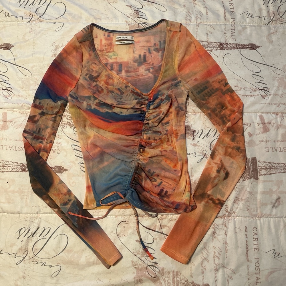 Urban Outfitters Cinched Mesh Print Top Medium